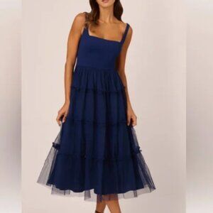 NWT Adrianna Papell Midnight Blue Formal Dress; tulle layered tiers; gorgeous 16
